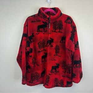 Black Mountain Outdoor Red Black Fleece Jacket Moose Size M Full Zip Camp Cabin